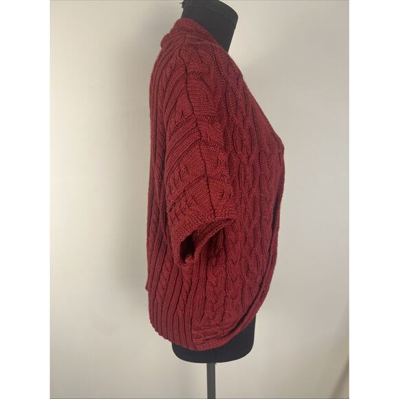 Cold Water Creek Dark Red Chunky Cable Knit Short Sleeve Cardigan Sweater Large - Picture 5 of 8